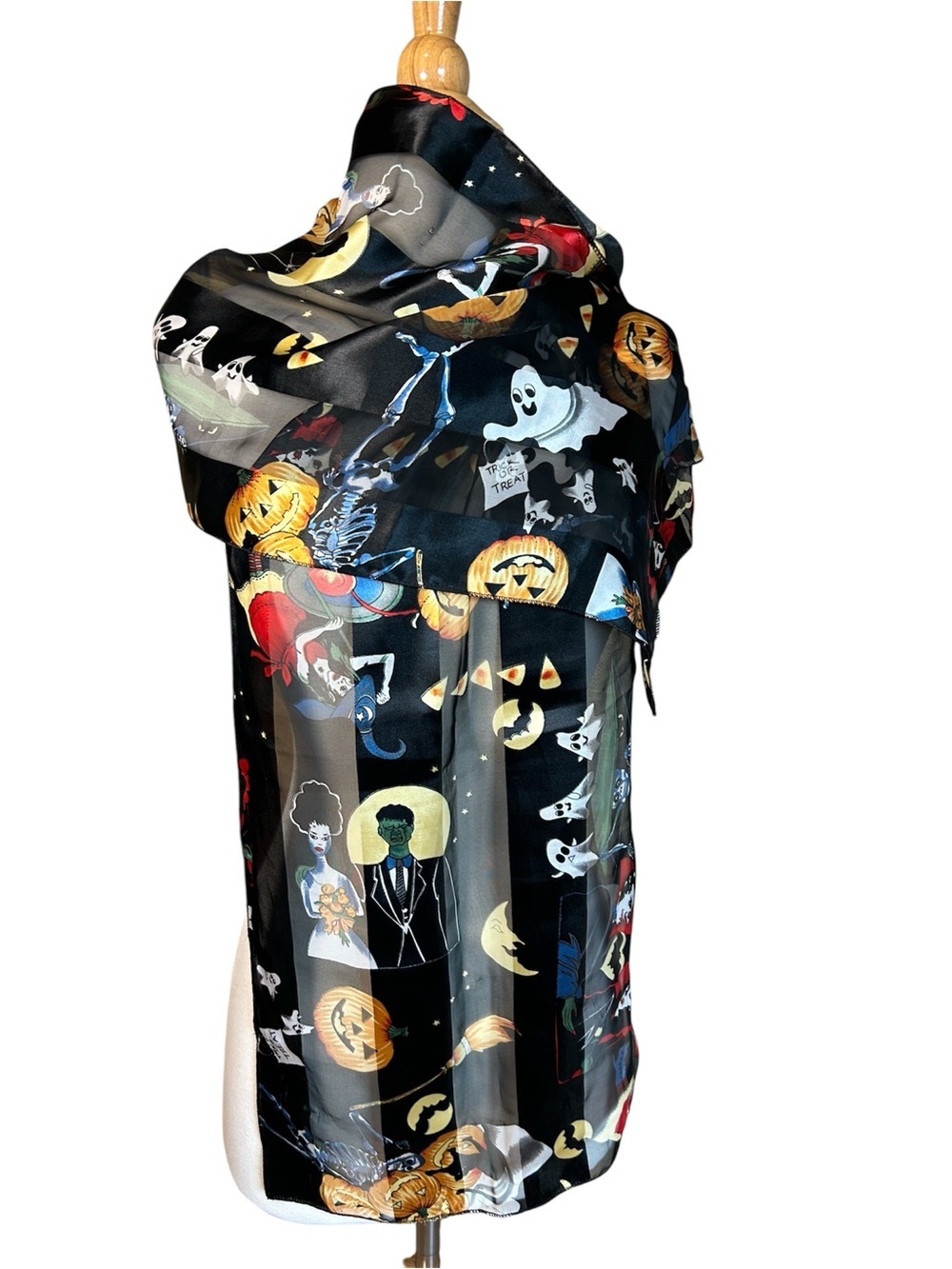 Whimsical Halloween scarf pumpkins, ghosts, skeletons, Frankenstein and Bride